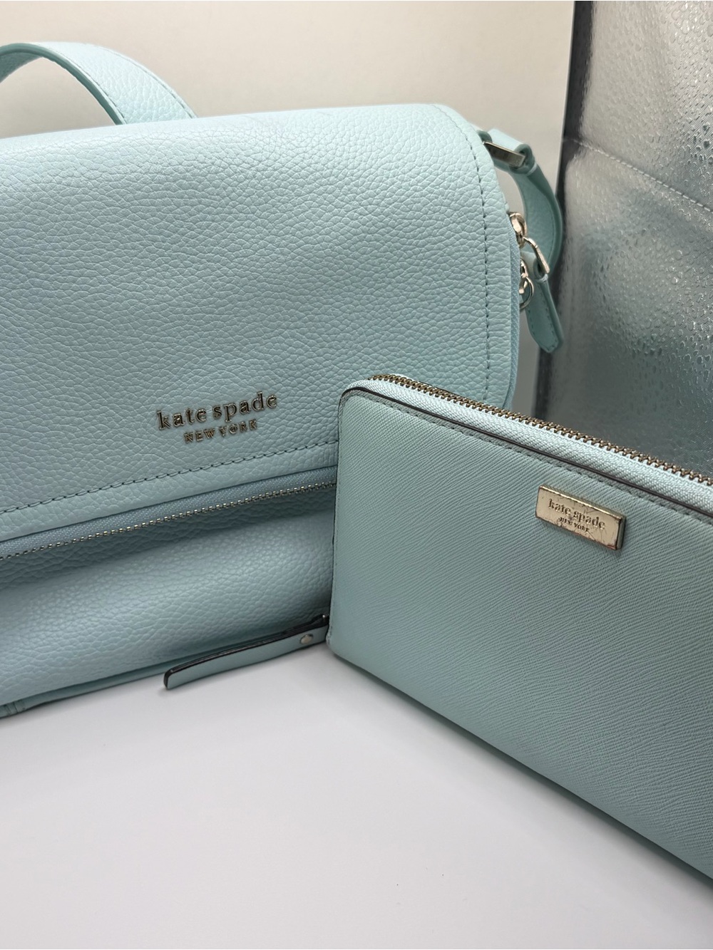 Kate Spade Light Mint Blue leather crossbody and wallet set